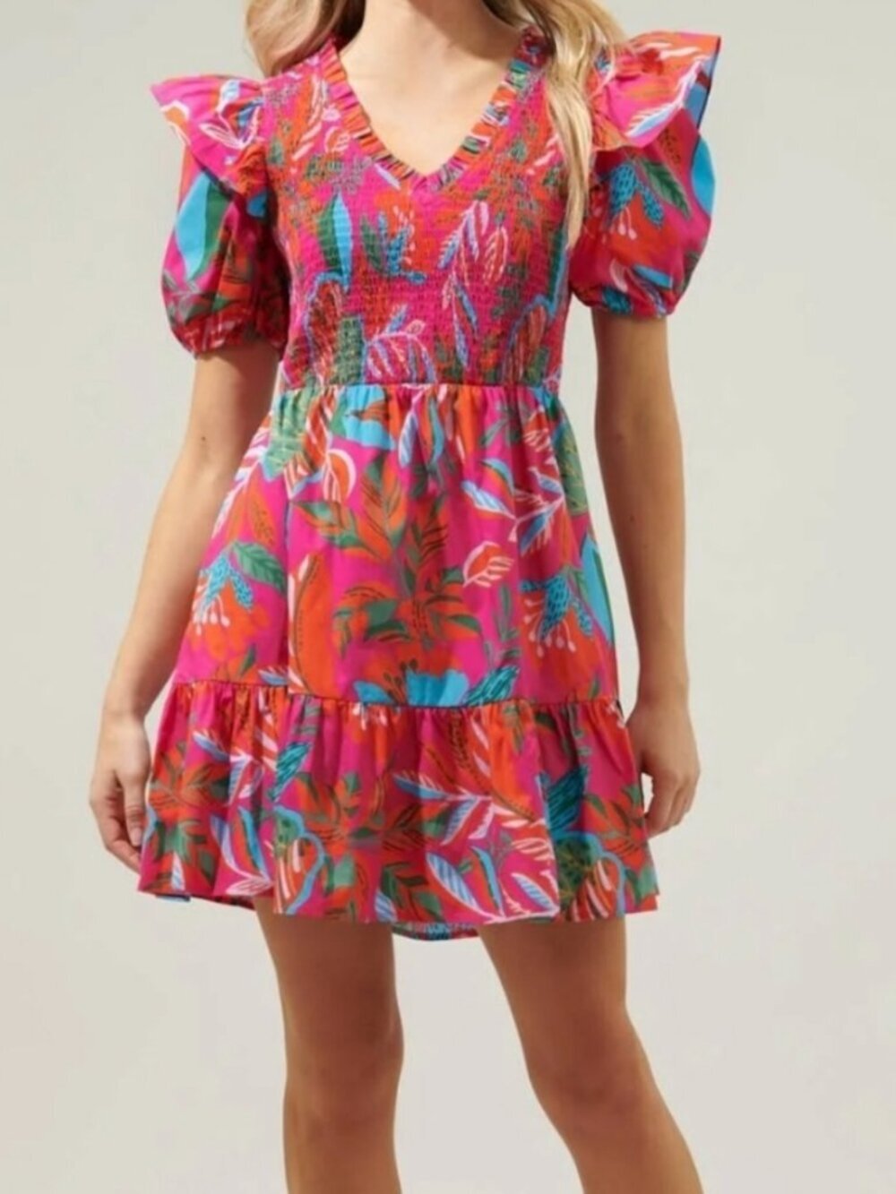 Sugarlips Womens Cactus Blossom Leones Smocked Mini Dress in Fuchsia Size Medium